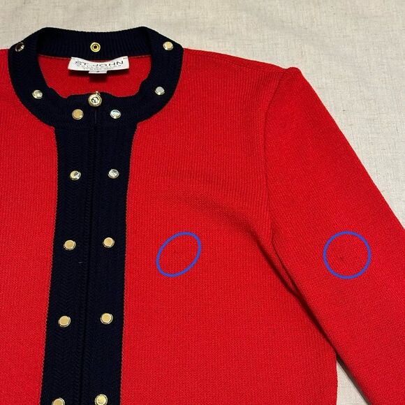 St. John Red Navy Zip Sweater Jacket Sz 2 Santana Knit Studded Preppy Office - Picture 13 of 13